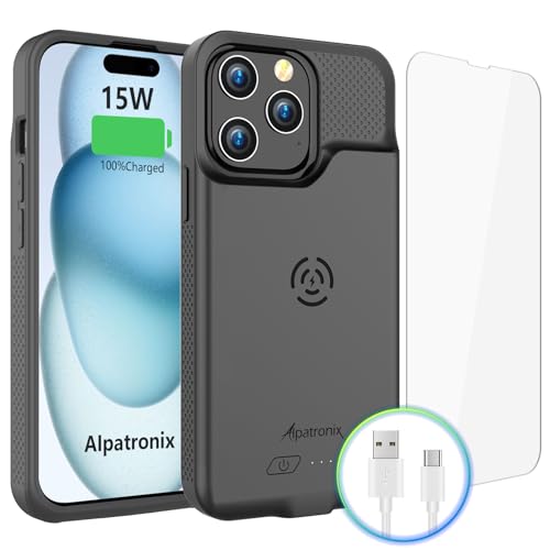Alpatronix Battery Case for iPhone 15 Pro Max & 15 Plus, Portable Strong Slim Protective Extended Charger Case, 15W Fast Charging, 7000mAh Wireless Charging Case, Apple Pay, CarPlay (BX15PM) –Black