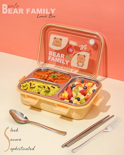 Image of Brand Conquer Lunch Box Leak-Proof BPA Free Stainless Steel for School, Lunch Box for School & Office with a Fork, a Spoon and a Pair of Chopsticks (Yellow, Bear Family 3 Compartment)