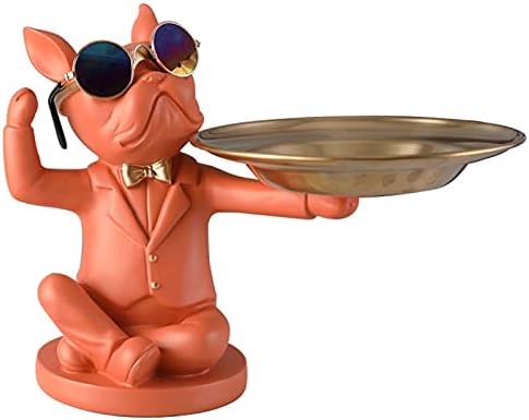 Vinbcorw French bulldog figure with tray stainless steel,Table decoration sculpture decoration, key bowl statue small parts, container, fruit bowl, key candy organizer,Black,G