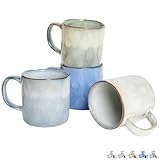 Bosmarlin Ceramic Coffee Mug Set of 4, 14 Oz, Coffee Cups with Big Handle, Microwave Safe, Unique Reactive Glaze (Multicolor, 14 Oz)