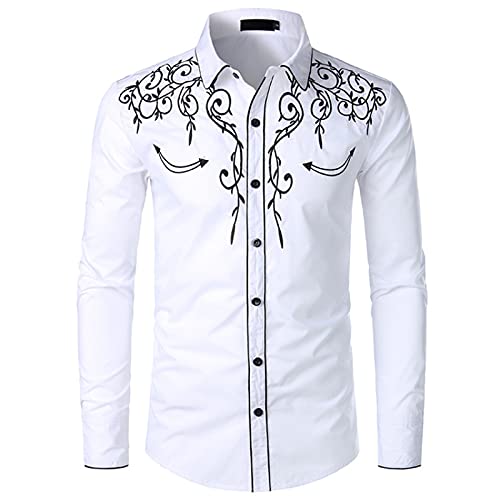 NW Chemise de cowboy western élégante brodée à manches longues pour homme Coupe ajustée Style décontracté, blanc, L