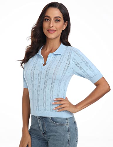 Ifurol Women's Short Sleeve Top 100% Cotton Slim Fit Polo Shirt (Blue) #TOP6