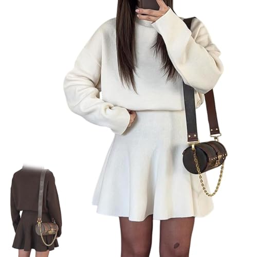 Chic Cinched-Waist A-Line Mini Dress, Cozy Knit High-Neck Ruffled,one-piece comfortable dress Outfit for Fall 2026 New (White,XL