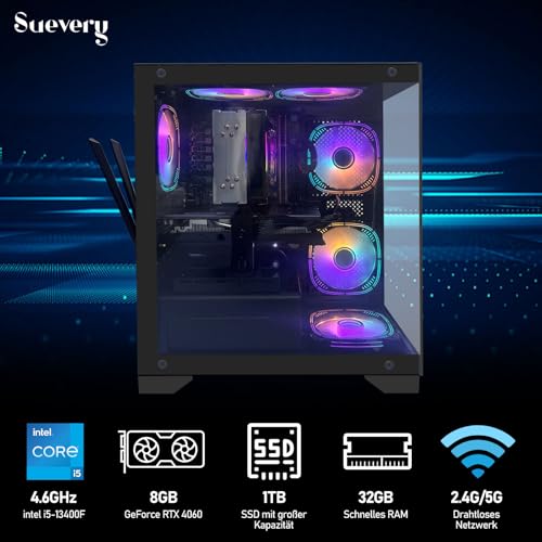 suevery Gaming PC Core i5-13400F (10 Kerne 16 Threads, bis 4,6 GHz) Desktop Computer Tower RTX 4060 8GB | 32GB RAM | 1TB NVMe SSD | WLAN | Win 11 | Prebuilt Gamer PC