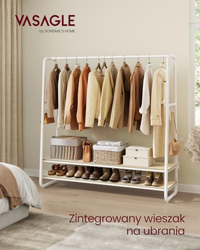 VASAGLE Wieszak na ubrania, wieszak na ubrania z 2 półkami, 6 haczyków w kształcie litery S, stalowa rama, do sypialni, naturalny beżowy i matowy biały RGR119W09