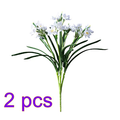 Dryen 2 Pcs Artificial Narcissus Bouquet,23.6 Inch Fake Narcissus Flower Bouquet With Green Leaves, Silk Narcissus Lifelike Daffodil Stems Table Centerpieces For Home Office Wedding Decor, White #TOP1