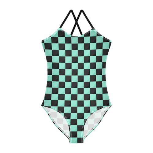 Image of Black and White Chess Girls One Piece Swimsuits Board Marble Tile Sport Halter Swimwear Beach Bathing Suit 3T