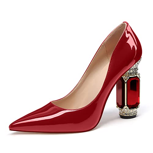 Image of JANSEVEN Women Chunky Heels Pumps Crystal Block Heels with Rhinestones Pointed Toe Sexy Gradient Patent Leather Slip on Bridal Party Wedding Dress Shoes 5-13 M US