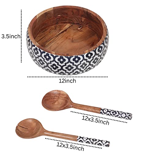 Lavaux Designs Acacia Wood Serving Bowl With 2 Serving Spoons | 12X4 Inches | Large Wooden Bowls,4.5 Quarts | Use As Salad Bowls, Mixing Bowls, Fruit Bowl, Serving Bowl (Navy Blue) #TOP2