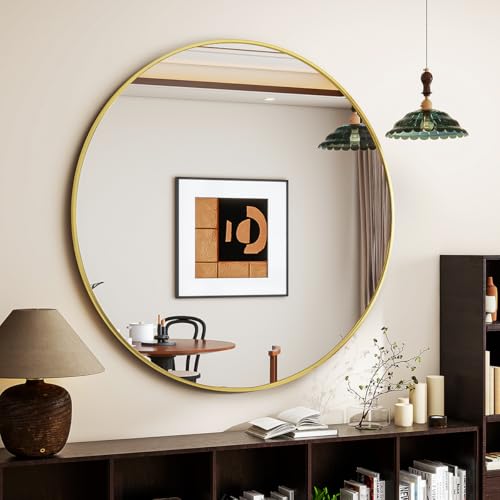 Gold Round Mirror, 32 Inch Circle Bathroom Mirror with Metal Frame, Wall-Mounted for Entryway, Bathroom, Vanity, Living Room