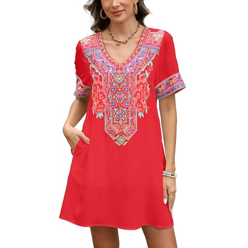 Image of Grosy Fiesta Embroidered Mexican Dress for Women Beach Vacation Plus Size Short Sleeve Summer Boho Dresses with Pocket
