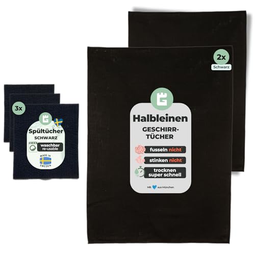 Grünschloss Geschirrtücher Halbleinen & Spültücher Schwarz - Set 2X Geschirrtuch 50x70cm groß (saugâ€¦ – Miniatur