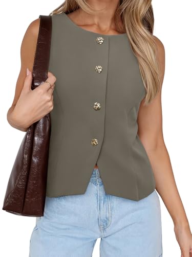 PINKMSTYLE Women's Summer Suit Vest Sleeveless Button Down Formal Vest Top Waistcoat Blazer Vest Work Outfits Khaki X-Large — view 4
