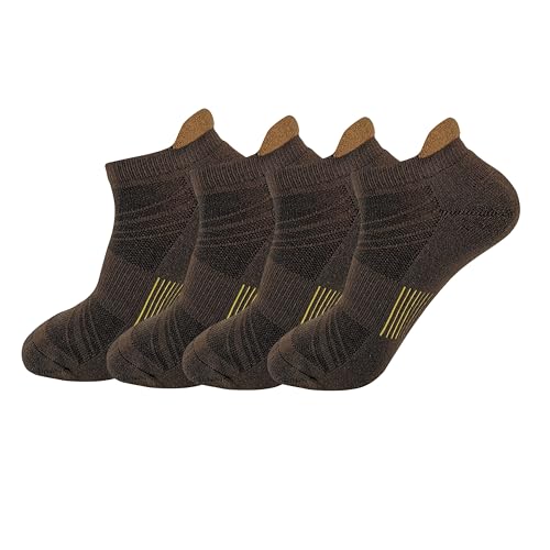 HaloYIYI Mens Ankle Athletic Socks Low Cut Tab, 4 Pairs, 12-14, Coffee