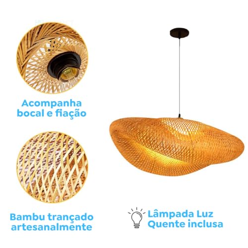 Luminária de Teto Lustre Pendente Bambu Fundamentum Honolulu Rústico 60cm Bamboo