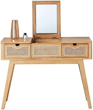 Vanity Desk Makeup Desk Wooden Dressing Table Home Wabi-sabi Style Rattan Dressing Table Simple Desk Desk for Bedroom