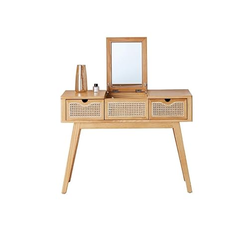 asdchZen Wooden Makeup Vanity Table With Led Lights Rattan Dressing Table For Home Stylish Makeup Desk For Beauty Enthusiasts Elegant Dressing Station For Her