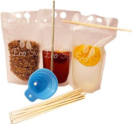Biodegradable Disposable Drink Pouches by EcoSip – Eco-Friendly w/Gusset Bottom & Reclosable Zipper – Non-Toxic, BPA & Phthalate Free – Hay Straws & Funnel Included (100) Biodegradable Disposable Drink Pouches by EcoSip – Eco-Friendly w/Gusset Bottom & Reclosable Zipper – Non-Toxic, BPA & Phthalate Free – Hay Straws & Funnel Included (100)