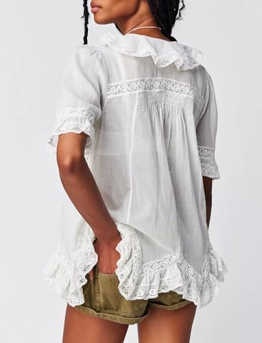 Women Ruffle Lace Trim Tops Y2k Short Sleeve Flowy Button Blouse Boho Eyelet Babydoll Top Coquette2