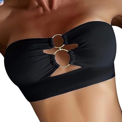 Genérico Bikini Completo Mujer Bikinis Push Up con Relleno Traje de baño con Parte Superior de Bikini bandeau con Anillo Recortado Sexy para Mujer Bikini Sexy Mujer Bikini Parte De Arriba (Black, S)