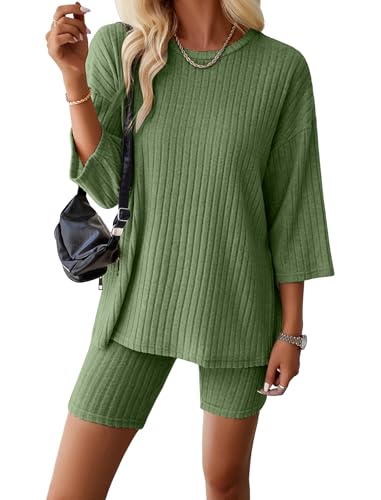 Pyjama court pour femme AGYMNX en tricot doux avec manches 3/4 et col rond