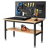 ENJOYWOOD 60 Inch Work Bench for Garage Adjustable Height Workbenches with Under Table Shelf Pegboard Pad Power Outlets Work Table for Woodworking, Home, Office, Workshop