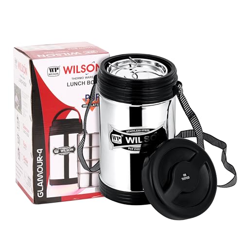 Image of Wilson Hot & Cold Thermo Steel Set of 4 Compartment 1200ml | Mirror Finish Leakproof Lunch Box /Tiffin with Lid Long-Lasting Ideal for Office with Easy to Carry Strip