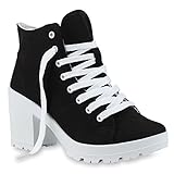  Damen Stiefeletten Schnürer Chunky Heels Schnürboots Blumen Schnürstiefeletten Boots Damen Schnürer Schuhe 100210 Schwarz 37 Flandell