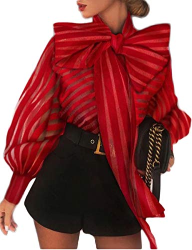 Women's Striped See Through Bouse Shirt Lantern Sleeve Party Bow Collar Perspective Mesh Lace Up T-Shirt