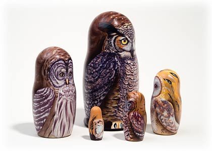 North American Owls 5 Piece Russian Wood Nesting Doll Matryoshka Stacking Dolls