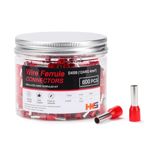HKS 600PCS Wire Ferrule Connectors - AWG 12-4.0mm² Copper Barrel Pin Cord Ends Insulated Ferrules Terminals - E4009 Red