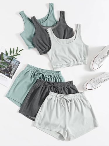 SheIn Women's 6 Pieces Outfits Crop Tank Top and Elastic Waist Shorts Set Multicolor Grey Large - Thumbnail 2