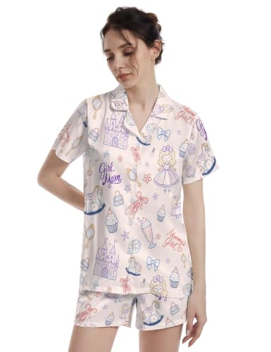 Image of Funny Pajamas for Women Set Print Satin Loungewear Pjs Short Sleeve Button Down Top and Shorts Sets Sleepwear XS-3XL
