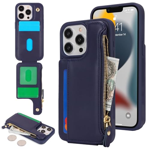 Image of Cavor for iPhone 13 Pro Case with Card Holder,for iPhone 13 Pro Wallet Case for Women Men,Leather Magnetic Clasp Zipper Pocket Protective Phone Cover-Blue