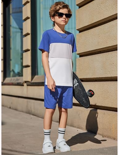 Image of Arshiner Boys' 2-Piece Cotton Outfit Color Block T-Shirt and Shorts Set Summer Camo Clothes for Kids 5-14 Years