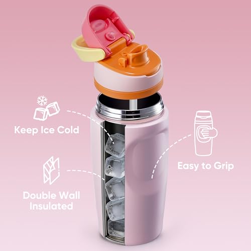 Image of Fijinhom 16 oz Insulated Water Bottle,Stainless Steel Sports Water Bottle with Straw, Double Wall Vacuum Leak Proof, Cold for 24 Hours, BPA Free for Travel, Sport, Outdoor, Pink