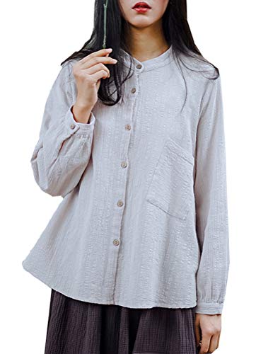 Minibee Women's Button Down Tunic Cotton Linen Shirt Cardigan Long Sleeve Jacquard Blouses Beige