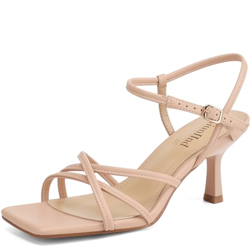 Image of AIUNIIND Kitten Heels for Women, Strappy Square Open Toe Sandals 2.5 inch
