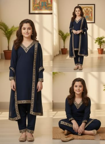 Image of Girls Stylish Rayon Lace Work Kurti with Dupatta and Pant