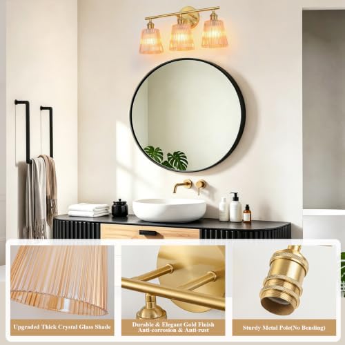 Image of Bathroom Light Fixtures, 3-Light Gold Bathroom Vanity Lights Over Mirror