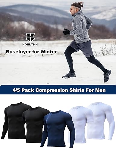 Hoplynn 5 Pack Workout Compression Shirts Men Long/Short Sleeve Rash Guard Athletic Undershirt Gear T Shirt For Sports 2 Black 2 White 1 Blue L thumb #4
