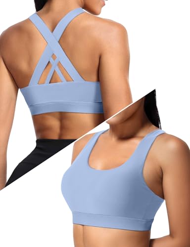 Sports Bras for Women High Support Large Bust, Outdoors High Impact Yoga Wireless Padded Bras, Padded Low Back Athletic Sleep Workout Strappy Racerback Sports Bra Sky Blue L