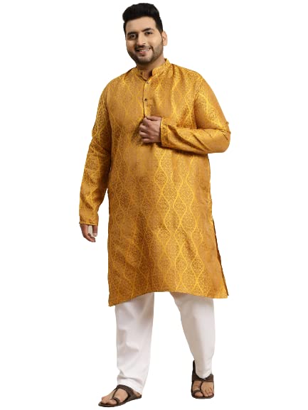 SOJANYA Plus (desde 1958) Kurta larga de seda jacquard para hombre, color azul azulado y dorado, Mostaza y Oro, 4XL