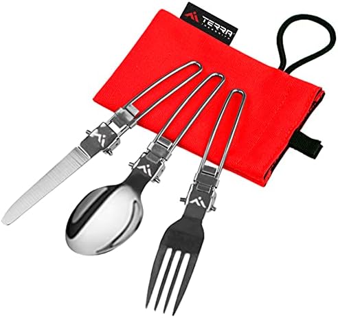 TERRA INCOGNITA Foldable Fork Spoon Knife For Hiking - Foldable Cutlery Set With Case For Camping - Metal Utensils Set For Backpacking - Fold Set