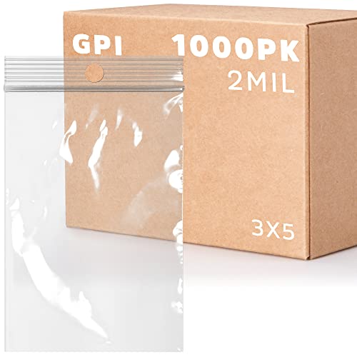 GPI - 3" x 5" - Case of 1000, 2 Mil thick, Clear Plastic Reclosable Zip Bags, Hang Hole For Display, Durable Poly Baggies with Resealable Zip Top Lock for Storage, Packaging & Shipping by GPI POLY - Used condition - US$18.88