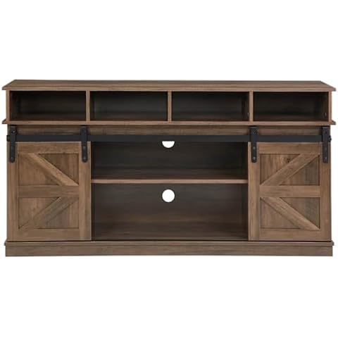 HIROHRTV Farmhouse TV Stand for TVs up to 65", Wood Entertainment Center with Sliding Barn Doors, Storage Cabinet with 4 Drawers and Adjustable Shelves for Living Room, Cable Management, (Brown) Cover