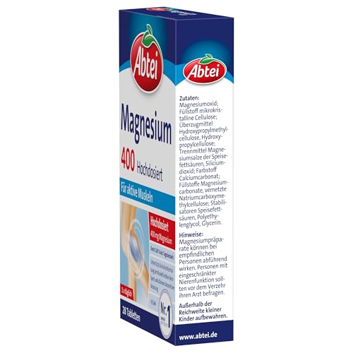 Abtei Magnesium 400 - hochdosiertes Magnesium für aktive Muskeln - bei Sport und körperlicher Belastung - Deckt 100% des Tagesbedarfs - Vegan, glutenfrei, laktosefrei - 1 x 30 Tabletten