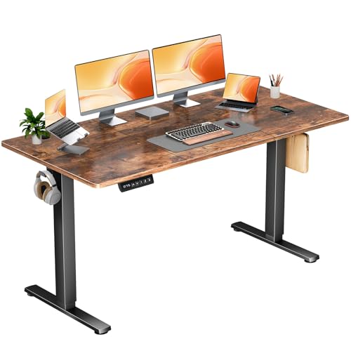 Sweetcrispy Standing Adjustable Height Desk, Electric 63 x 24 Inch Stand Up Rising Computer Gaming Table with 3 Memory Presets, Splice Board, T-Shaped Bracket Home Office Workstation, Rustic Brown -  SW6324-RT-2
