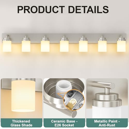 Image of IZORRO Bathroom Vanity Light Fixture, 7-Light 52 inch Brushed Nickel Bathroom Light Fixtures Over Mirror, with White Glass Shade, Modern Farmhouse Vanity Lights, Rustic Restroom Lighting Fixtures