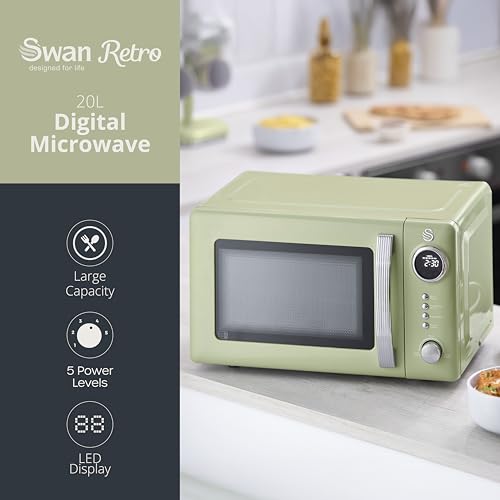 Swan Retro 20L Digital Microwave, 5 Power Levels, 12 Auto Cook Pre-sets, Defrost by Weight or Time, LED Display, 800W, Green, SM4425GRN